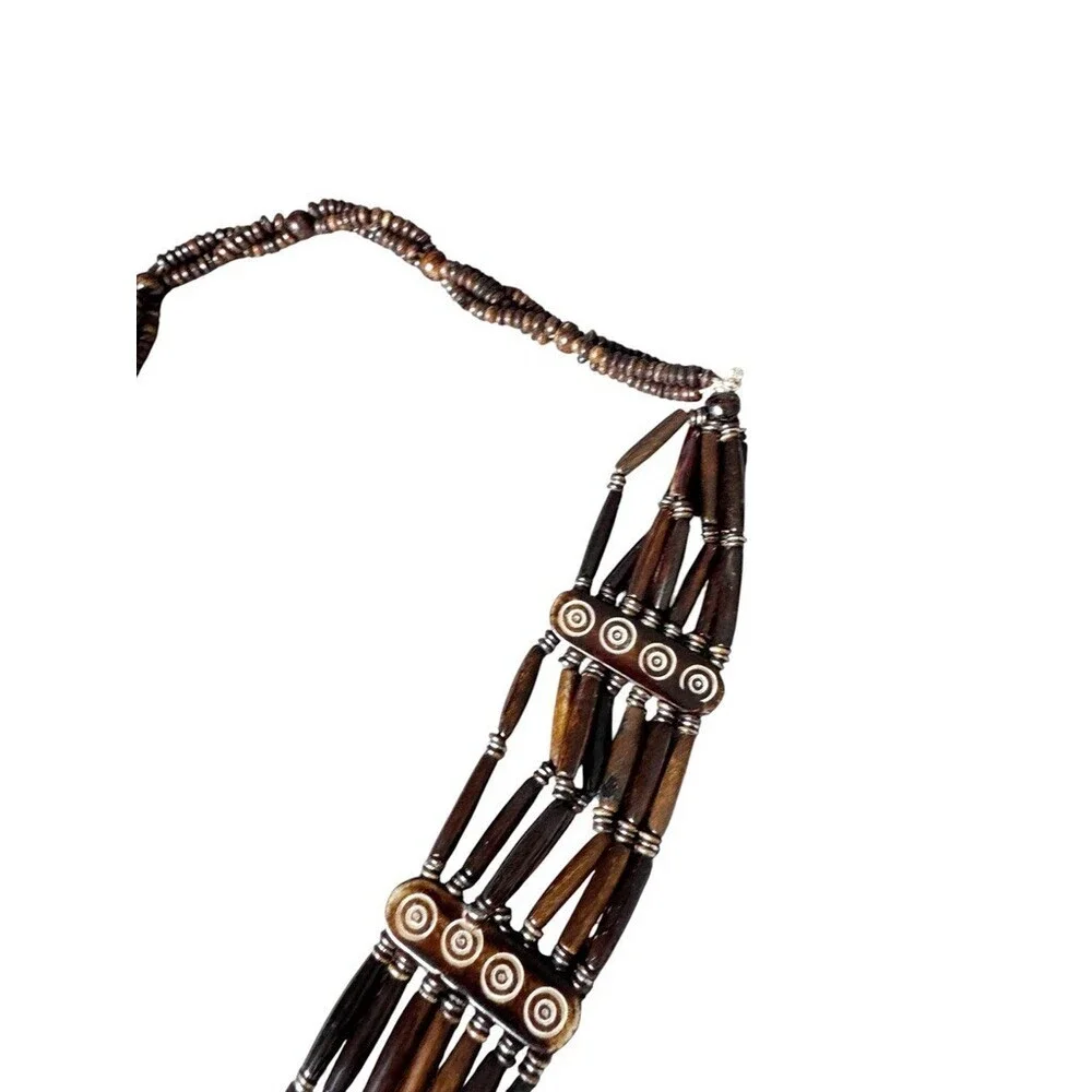 Vintage Tribal Bone Belt Tube Bead Multi-Strand Carved Circle Boho brown womens